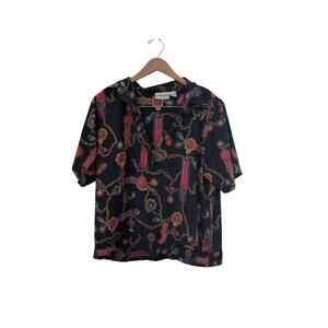 Vintage Alfred Dunner Navy Top w/ printed Chain Detail Size 14
